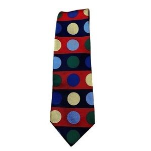 BULLOCK & JONES red & blue striped silk twill tie w/ oversized colorful dots
